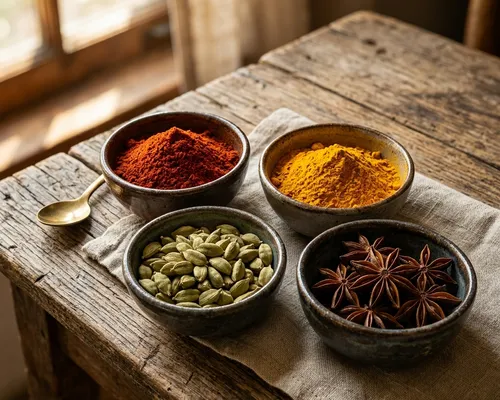 Artisanal selection of GIFT MASALA spices in traditional clay bowls