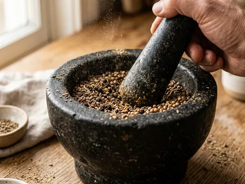 Traditional stone grinding mill preserving spice oils at cold temperatures